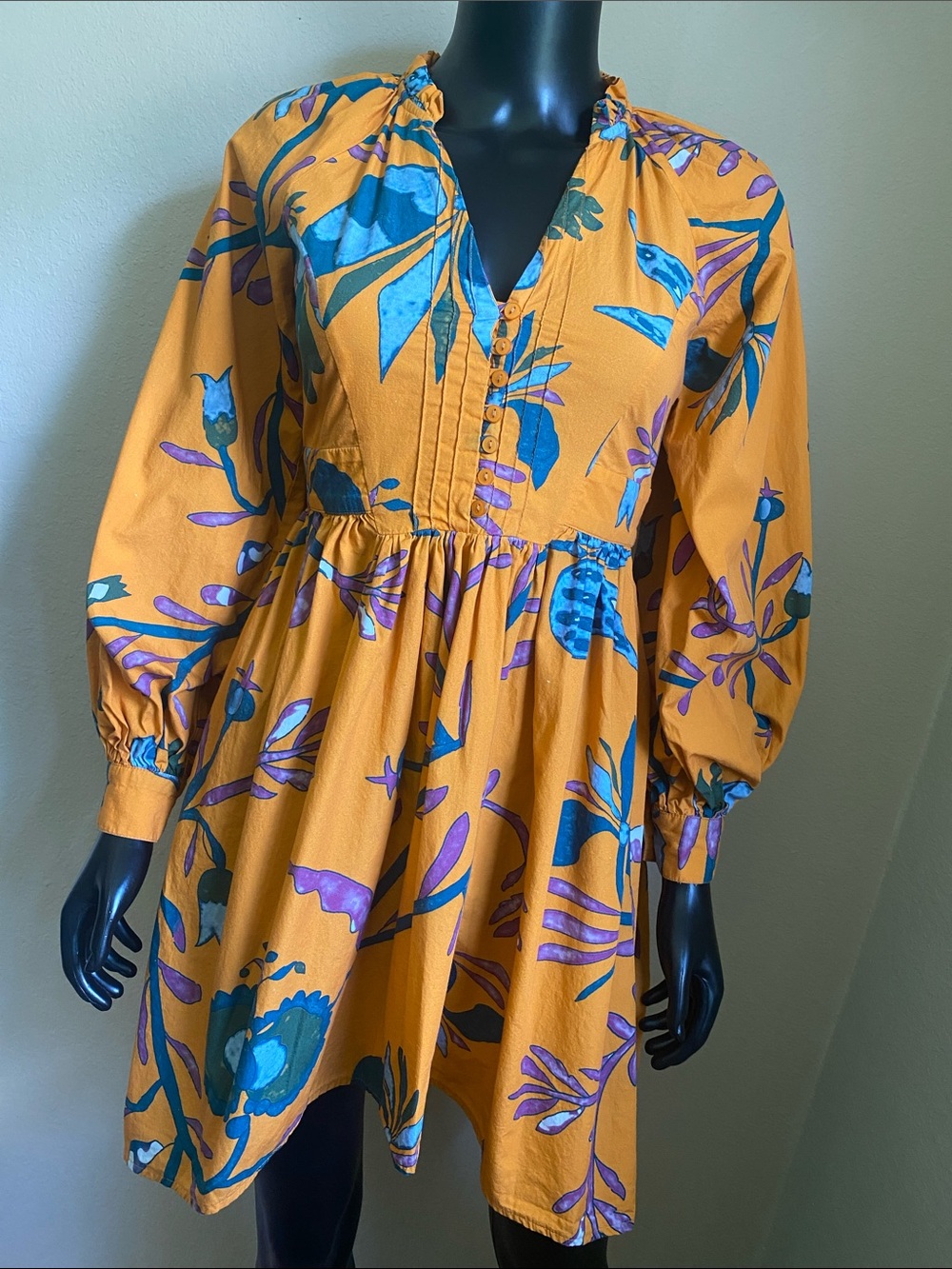 Let Me Be Mustard Floral Cotton Button Front Cottagecore Babydoll Dress